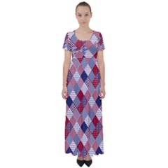 USA Americana Diagonal Red White & Blue Quilt High Waist Short Sleeve Maxi Dress