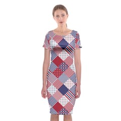 USA Americana Diagonal Red White & Blue Quilt Classic Short Sleeve Midi Dress