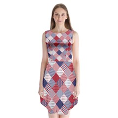 USA Americana Diagonal Red White & Blue Quilt Sleeveless Chiffon Dress  