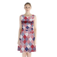 USA Americana Diagonal Red White & Blue Quilt Sleeveless Waist Tie Chiffon Dress