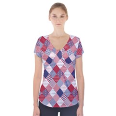 Usa Americana Diagonal Red White & Blue Quilt Short Sleeve Front Detail Top by PodArtist