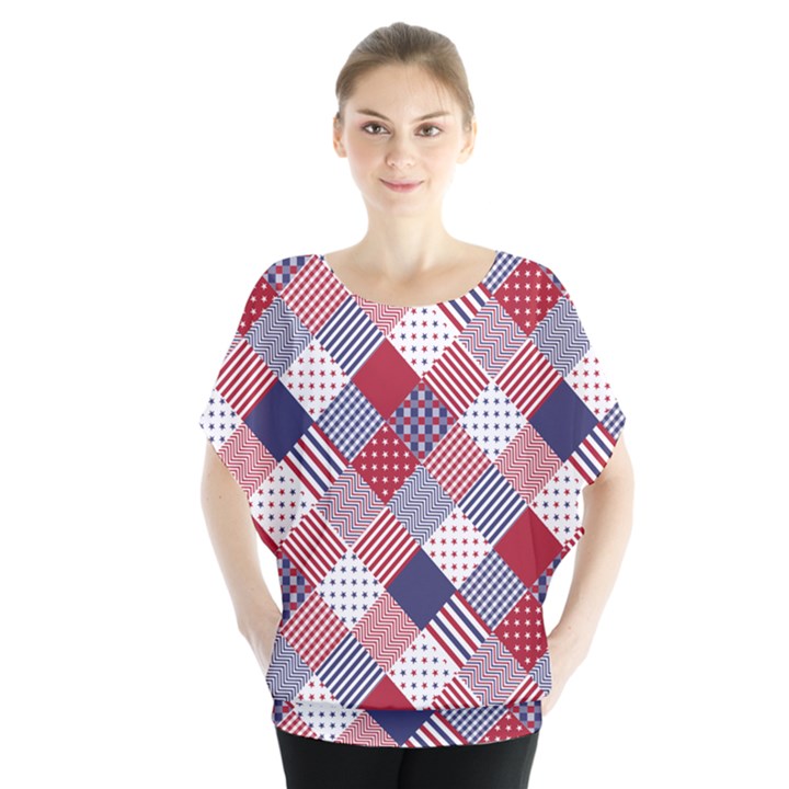 USA Americana Diagonal Red White & Blue Quilt Blouse