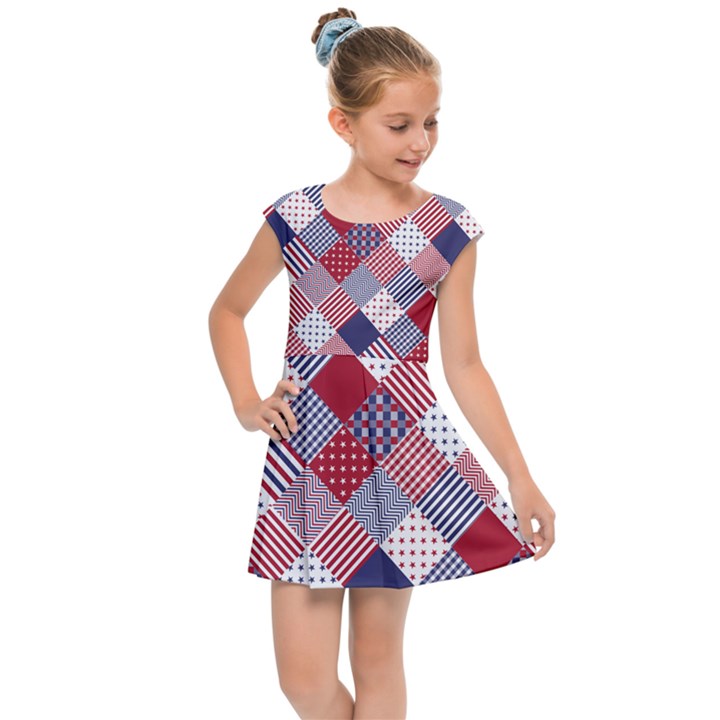 USA Americana Diagonal Red White & Blue Quilt Kids Cap Sleeve Dress