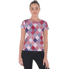 USA Americana Diagonal Red White & Blue Quilt Short Sleeve Sports Top 