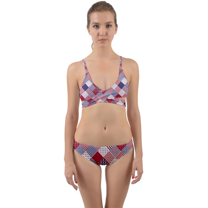 USA Americana Diagonal Red White & Blue Quilt Wrap Around Bikini Set