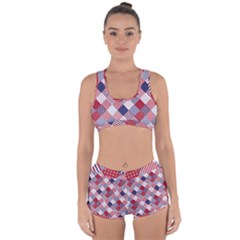 USA Americana Diagonal Red White & Blue Quilt Racerback Boyleg Bikini Set