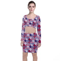 USA Americana Diagonal Red White & Blue Quilt Long Sleeve Crop Top & Bodycon Skirt Set