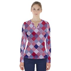 USA Americana Diagonal Red White & Blue Quilt V-Neck Long Sleeve Top