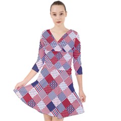 USA Americana Diagonal Red White & Blue Quilt Quarter Sleeve Front Wrap Dress