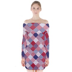 Usa Americana Diagonal Red White & Blue Quilt Long Sleeve Off Shoulder Dress