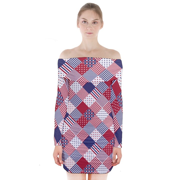 USA Americana Diagonal Red White & Blue Quilt Long Sleeve Off Shoulder Dress