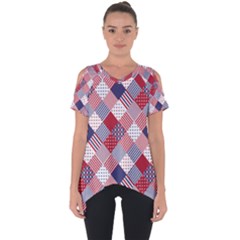 Usa Americana Diagonal Red White & Blue Quilt Cut Out Side Drop Tee by PodArtist