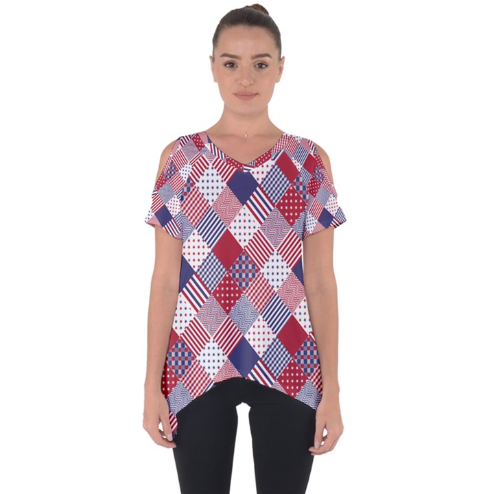 USA Americana Diagonal Red White & Blue Quilt Cut Out Side Drop Tee