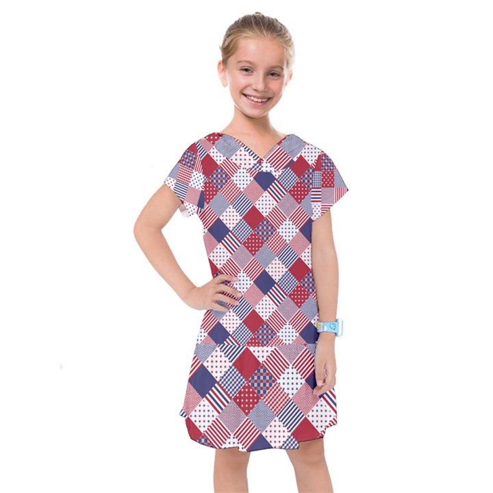 USA Americana Diagonal Red White & Blue Quilt Kids  Drop Waist Dress