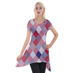 USA Americana Diagonal Red White & Blue Quilt Short Sleeve Side Drop Tunic