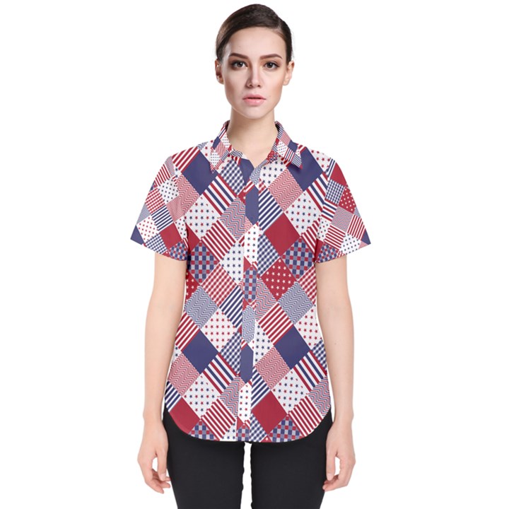 USA Americana Diagonal Red White & Blue Quilt Women s Short Sleeve Shirt