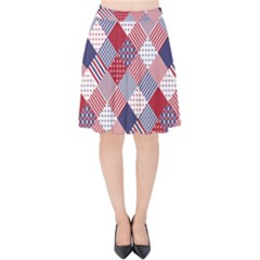 USA Americana Diagonal Red White & Blue Quilt Velvet High Waist Skirt