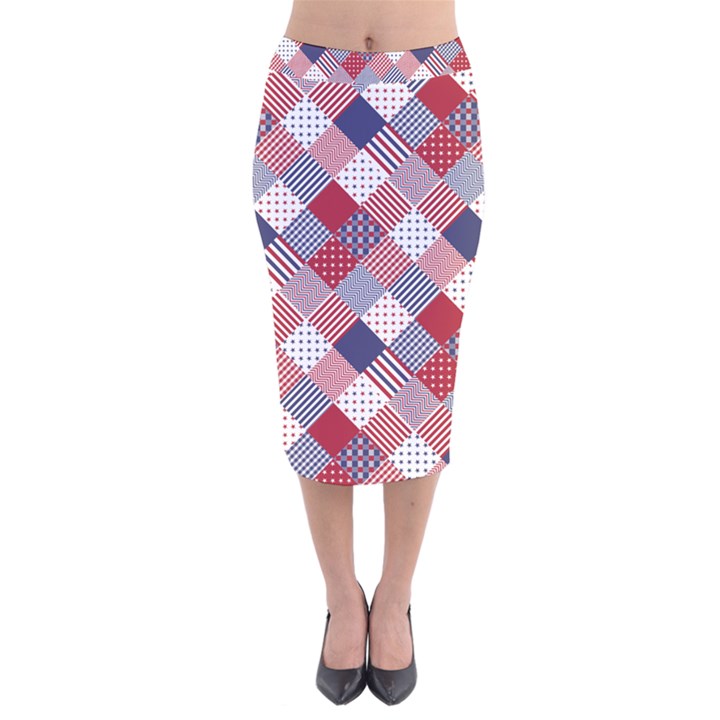 USA Americana Diagonal Red White & Blue Quilt Velvet Midi Pencil Skirt
