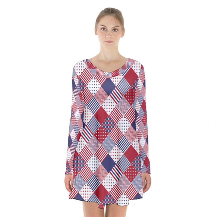USA Americana Diagonal Red White & Blue Quilt Long Sleeve Velvet V-neck Dress