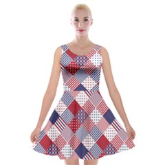 USA Americana Diagonal Red White & Blue Quilt Velvet Skater Dress