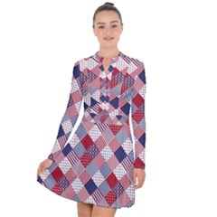 Usa Americana Diagonal Red White & Blue Quilt Long Sleeve Panel Dress by PodArtist