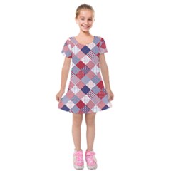Usa Americana Diagonal Red White & Blue Quilt Kids  Short Sleeve Velvet Dress by PodArtist