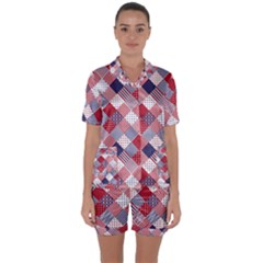 USA Americana Diagonal Red White & Blue Quilt Satin Short Sleeve Pyjamas Set