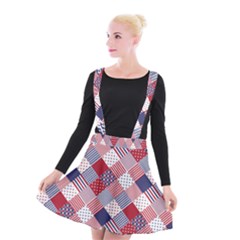 Usa Americana Diagonal Red White & Blue Quilt Suspender Skater Skirt by PodArtist