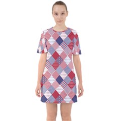 USA Americana Diagonal Red White & Blue Quilt Sixties Short Sleeve Mini Dress