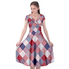 USA Americana Diagonal Red White & Blue Quilt Cap Sleeve Wrap Front Dress