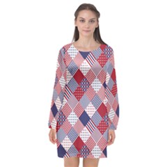 USA Americana Diagonal Red White & Blue Quilt Long Sleeve Chiffon Shift Dress 