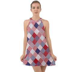 USA Americana Diagonal Red White & Blue Quilt Halter Tie Back Chiffon Dress