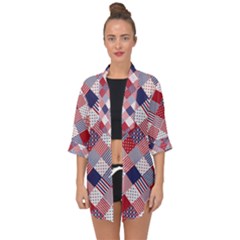 USA Americana Diagonal Red White & Blue Quilt Open Front Chiffon Kimono