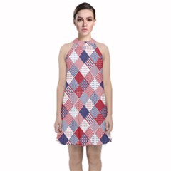 USA Americana Diagonal Red White & Blue Quilt Velvet Halter Neckline Dress 