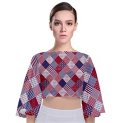 USA Americana Diagonal Red White & Blue Quilt Tie Back Butterfly Sleeve Chiffon Top
