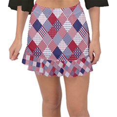 USA Americana Diagonal Red White & Blue Quilt Fishtail Mini Chiffon Skirt