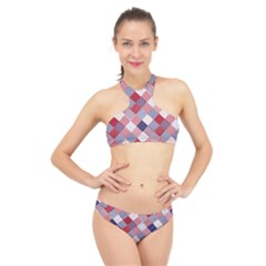 USA Americana Diagonal Red White & Blue Quilt High Neck Bikini Set