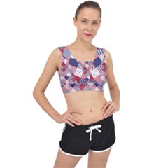 Usa Americana Diagonal Red White & Blue Quilt V-back Sports Bra by PodArtist