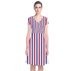 Usa Flag Red White And Flag Blue Wide Stripes Short Sleeve Front Wrap Dress by PodArtist