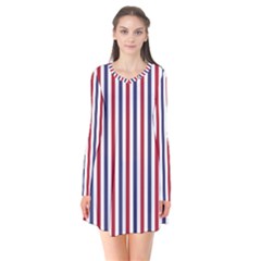 Usa Flag Red White And Flag Blue Wide Stripes Long Sleeve V-neck Flare Dress by PodArtist