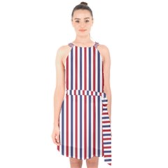 Usa Flag Red White And Flag Blue Wide Stripes Halter Collar Waist Tie Chiffon Dress by PodArtist