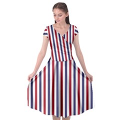 Usa Flag Red White And Flag Blue Wide Stripes Cap Sleeve Wrap Front Dress by PodArtist