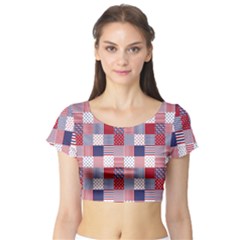 Usa Americana Patchwork Red White & Blue Quilt Short Sleeve Crop Top by PodArtist