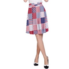 Usa Americana Patchwork Red White & Blue Quilt A-line Skirt by PodArtist