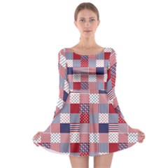 Usa Americana Patchwork Red White & Blue Quilt Long Sleeve Skater Dress by PodArtist