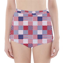 Usa Americana Patchwork Red White & Blue Quilt High-waisted Bikini Bottoms by PodArtist