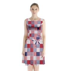 Usa Americana Patchwork Red White & Blue Quilt Sleeveless Waist Tie Chiffon Dress by PodArtist