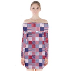 Usa Americana Patchwork Red White & Blue Quilt Long Sleeve Off Shoulder Dress by PodArtist
