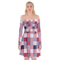 Usa Americana Patchwork Red White & Blue Quilt Off Shoulder Skater Dress by PodArtist