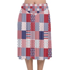 Usa Americana Patchwork Red White & Blue Quilt Velvet Flared Midi Skirt by PodArtist